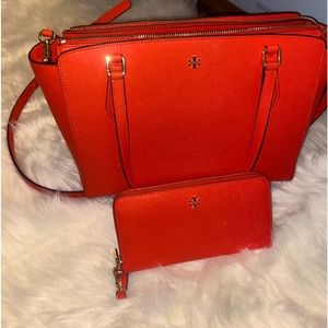 Tory Burch Tote and matching Wristlet- Red- Like new